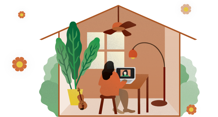 Illustration of a student working at home on a laptop.