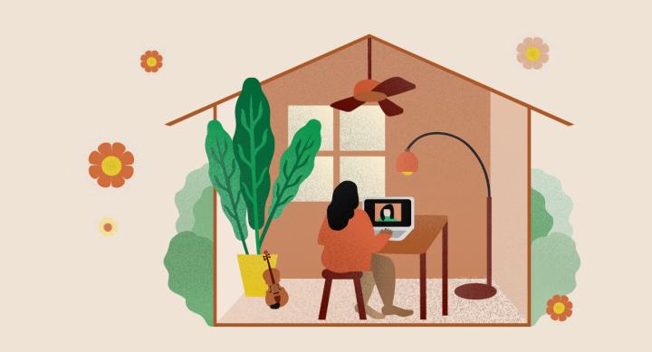 Illustration of a woman attending an online class from home.
