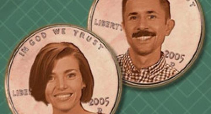 an illustration with two headshots of the hosts for PBS show, "Two Cents"