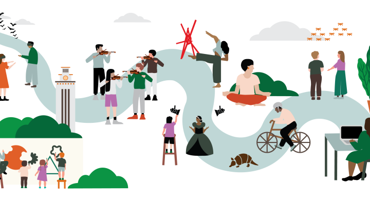 An illustration showing an abstract roadmap with illustrations of artists, performers and students