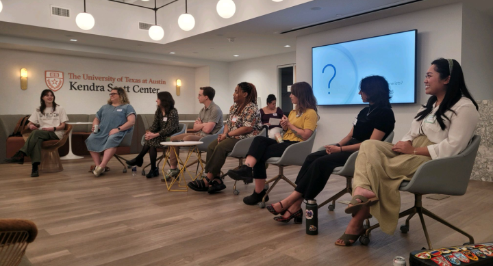 Photo of former UTeach Fine Arts students who are new teachers sitting in a panel discussion about their experiences as educators.