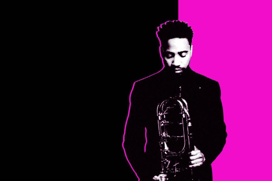 Black and white photo of a student holding his trombone in front of a magenta and black background.