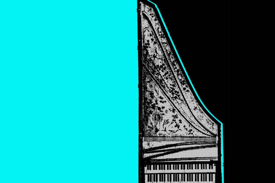 A graphic representation of a harpsichord, taken from above, showing the two keyboards and the instrument's strings.