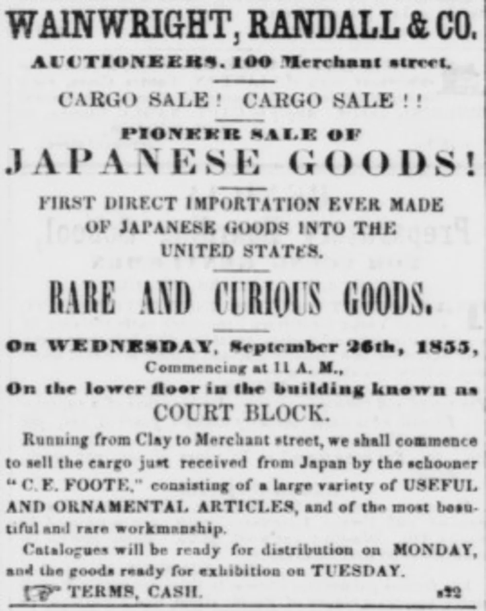 Advertisement for cargo imported from Japan on the Caroline E. Foote, published in Volume 6, Number 234 of the Daily Alta California in September 1855.