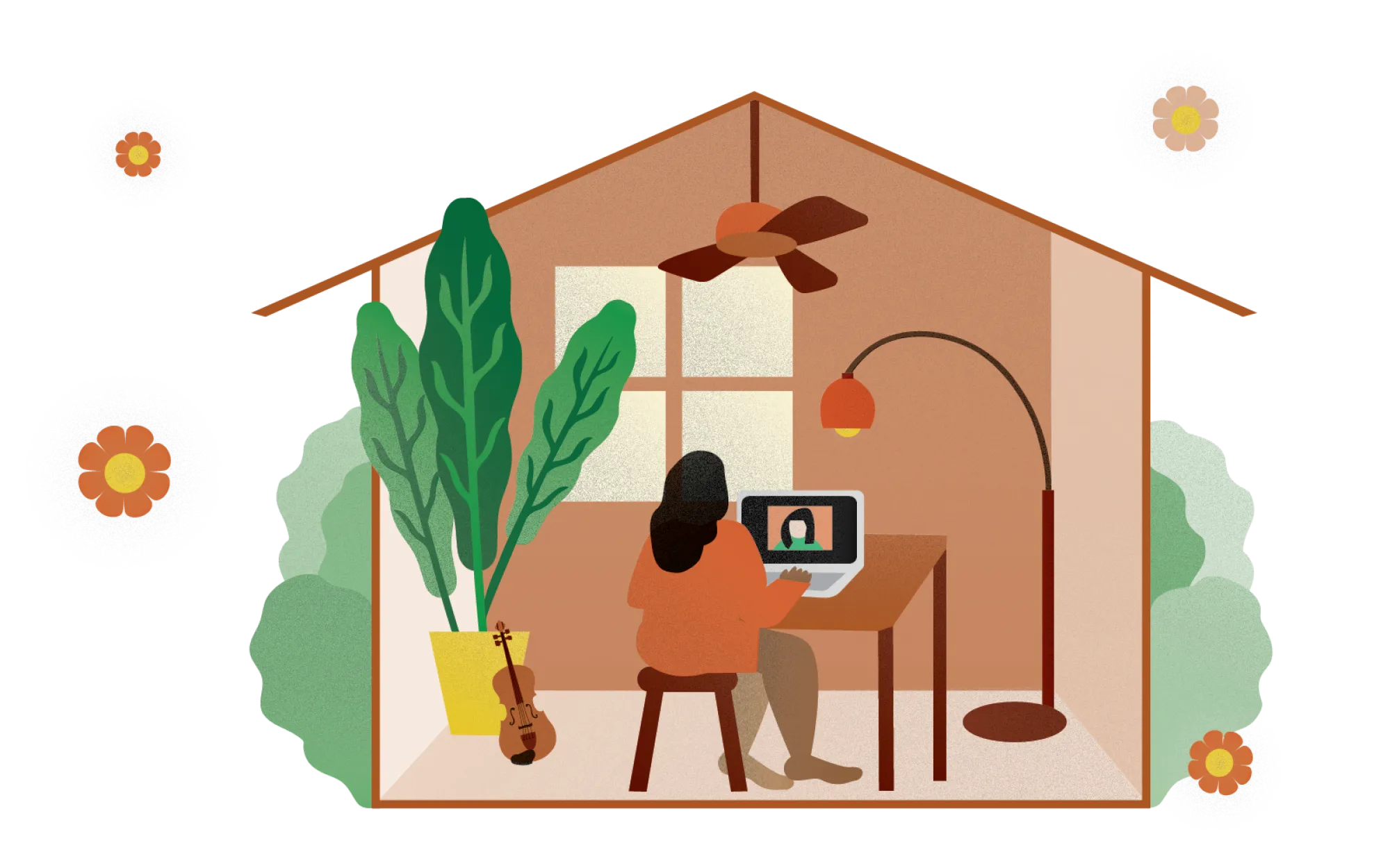 Illustration of a student working at home on a laptop.