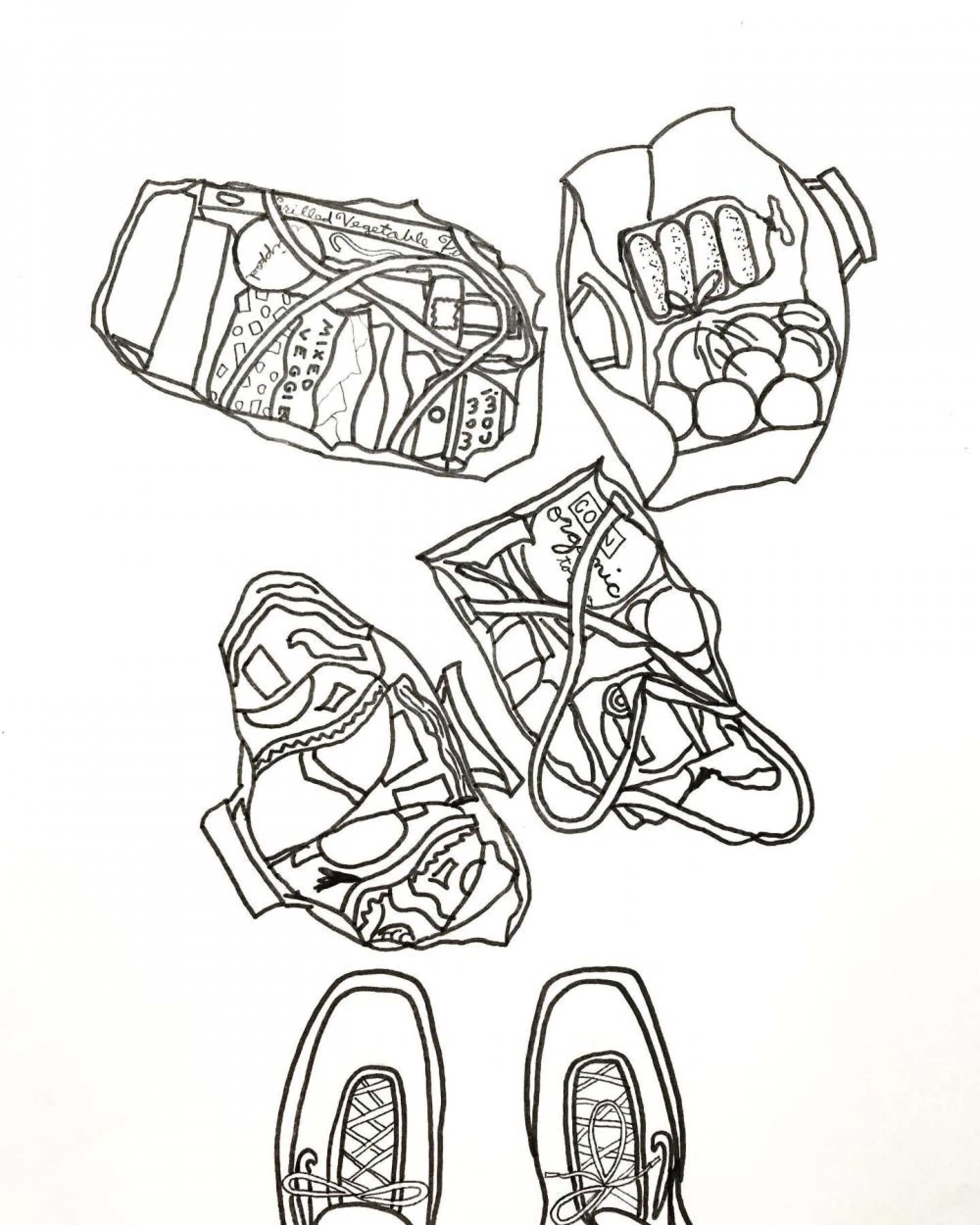 A drawing of grocery bags delivered during the pandemic.