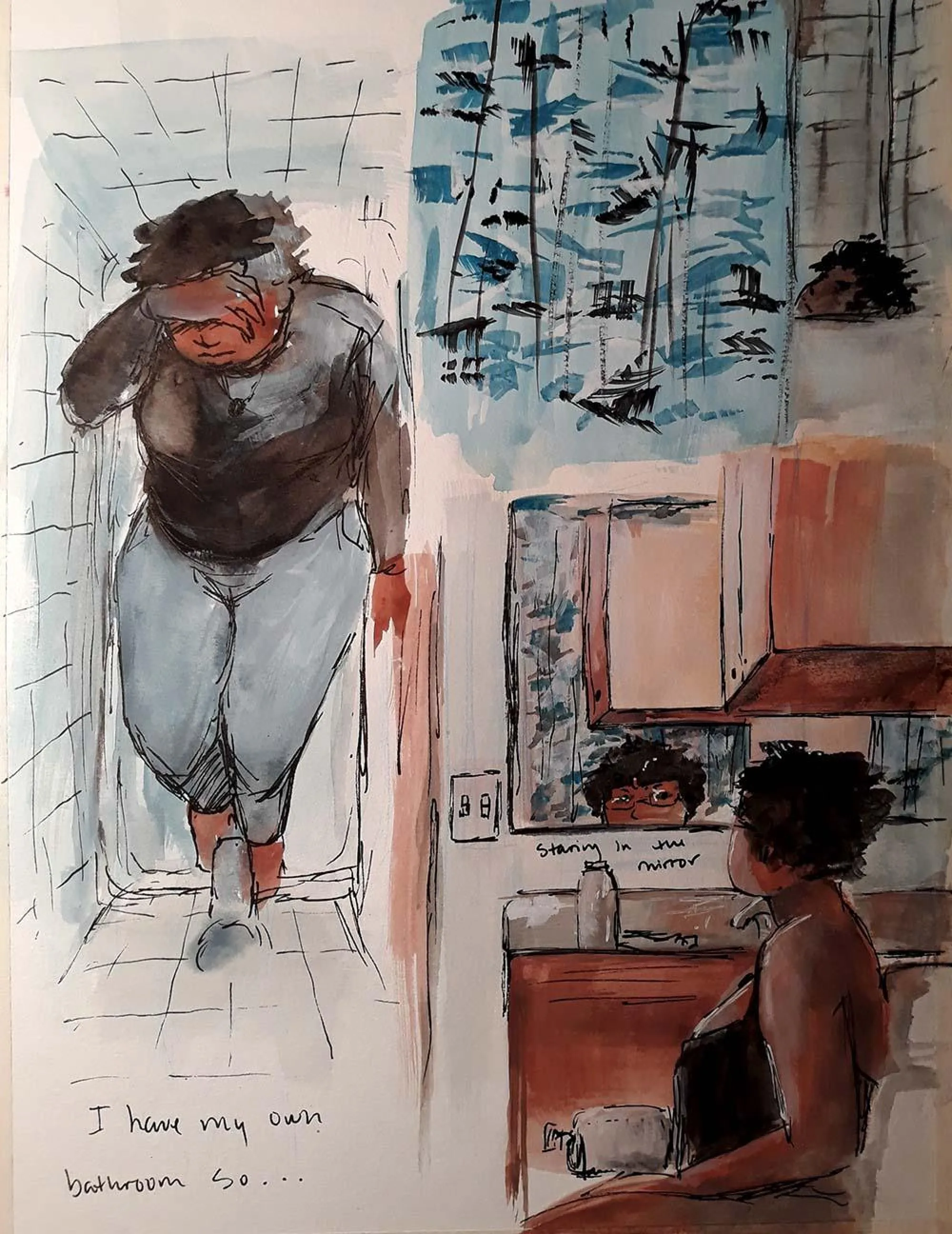 A drawing of a student fully clothed in her bathtub
