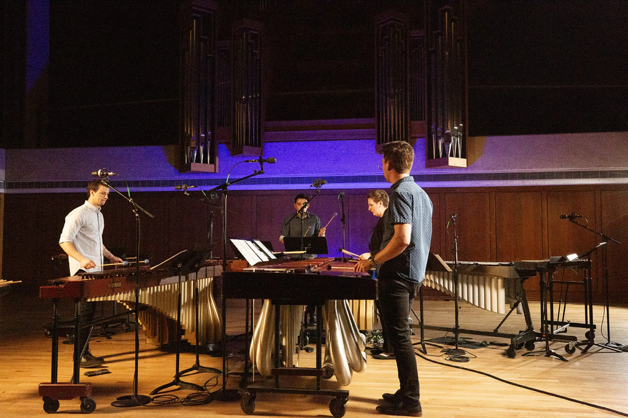 The Percussion Ensemble records their compositions in Bates Recital Hall