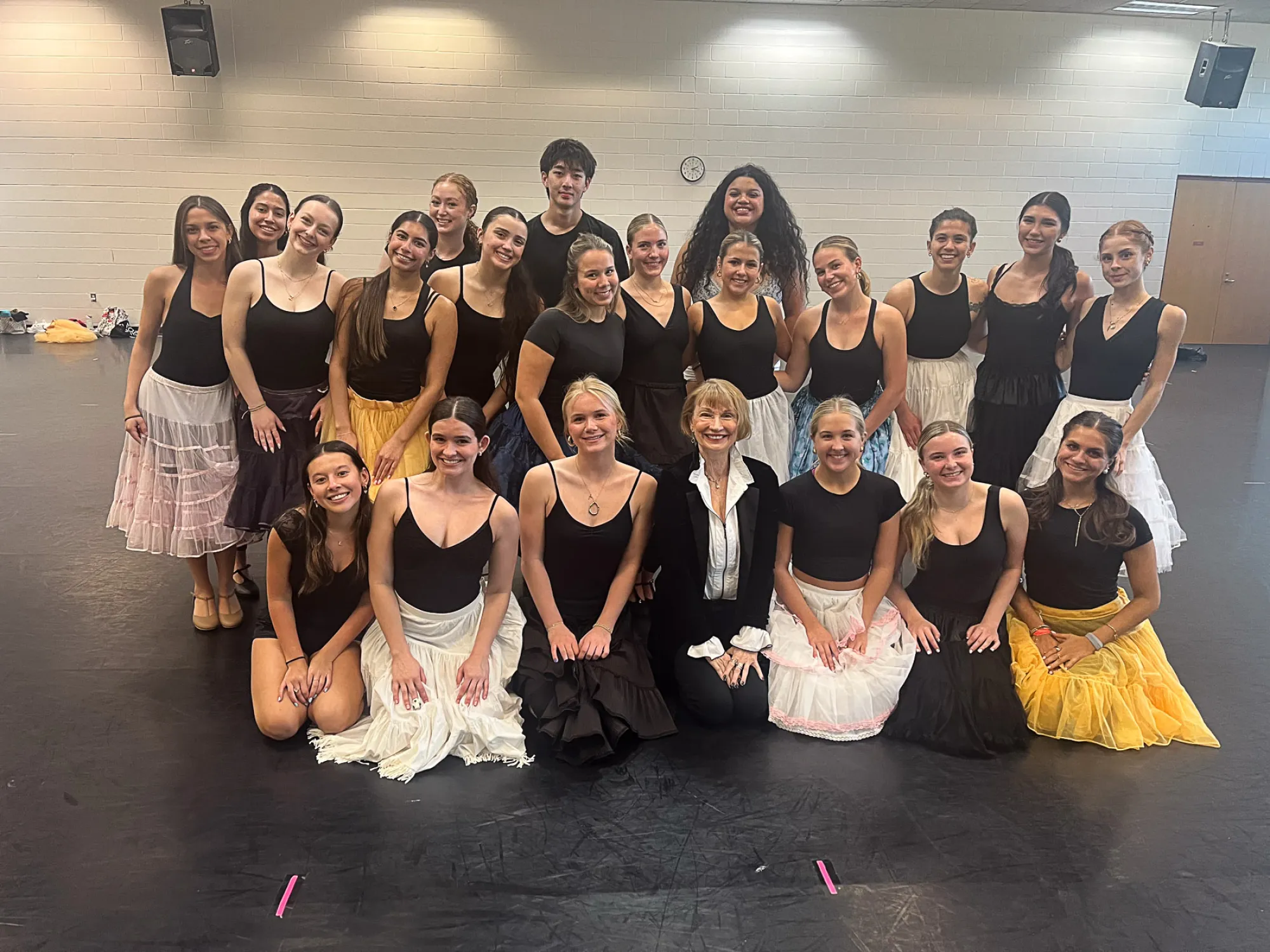 Cast photo for a re-staging of Jerome Robbins' choreography from West Side Story, led by Dance student Elyse Rosario