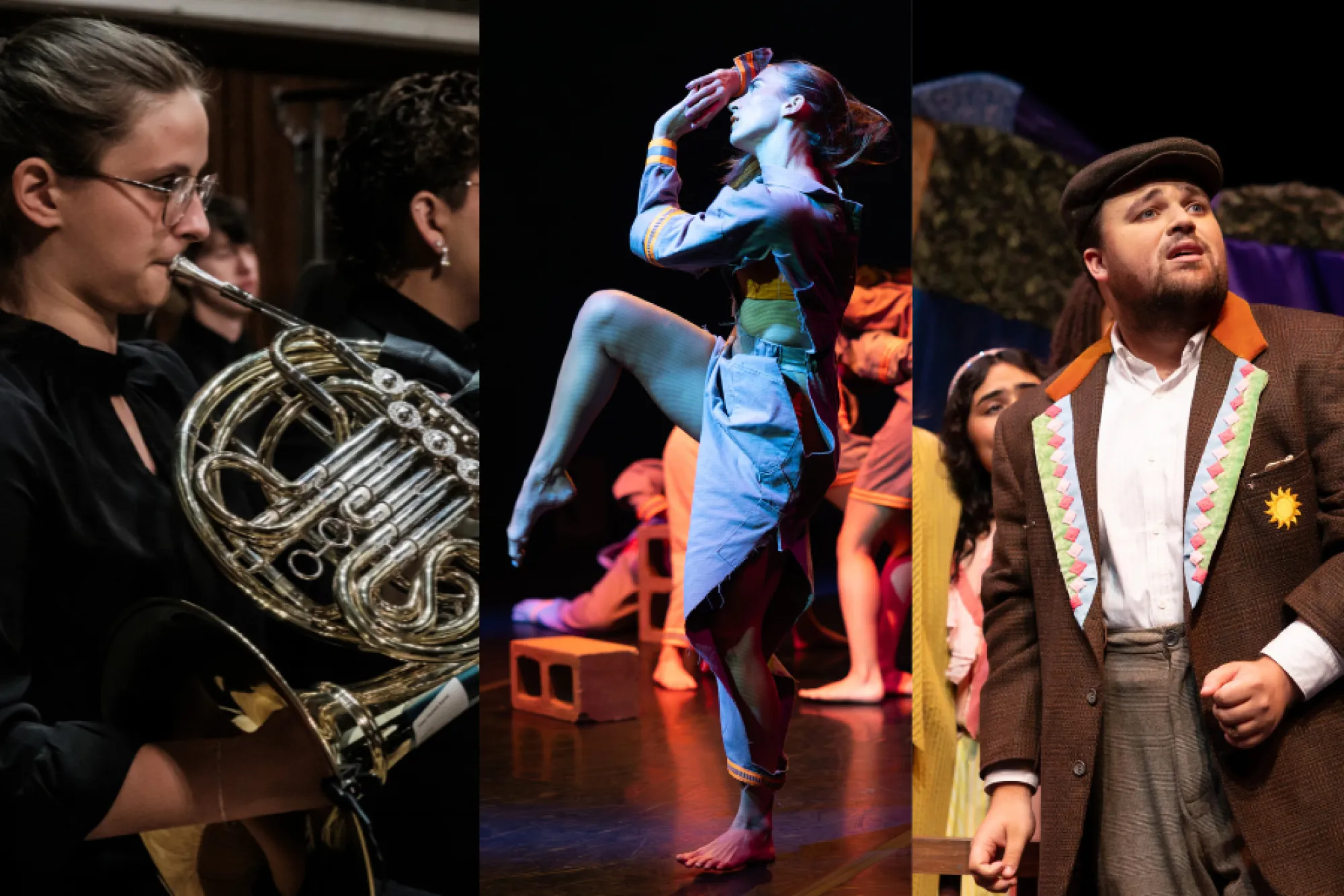 three images depicting music, dance and theatre