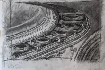 MGM Hollywood backdrop architectural detail charcoal value studies.