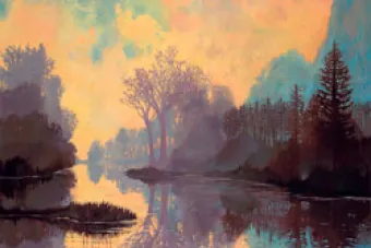 Kathryn St. Clair's artwork, depicting a nature scene including a stream with trees and mountains. The colors are soft yellows, purples, grays, blues and pinks