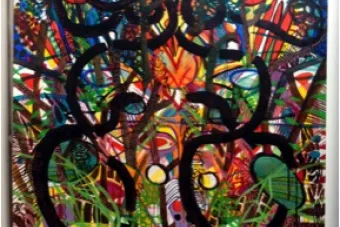 Two snakes appear through a dense background of patterns