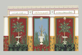 Garden painting in Villa A restored from archival photos. Digital drawing by Paolo Baronio 