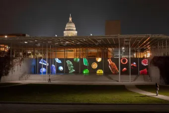 night image of a projected art installation