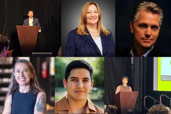 Four headshots of PPP faculty and two photos of PPP graduate students presenting at a conference