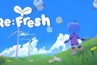 A stylized robot character with a plant sprout antenna walks through a bright meadow with wind turbines and floating drones under a vivid blue sky. The title “Re:Fresh” appears above.