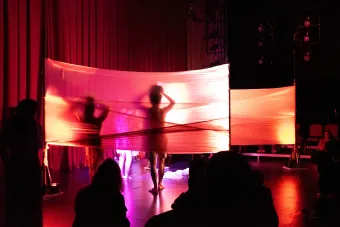 A performer is lit from behind and silhouetted against a screen