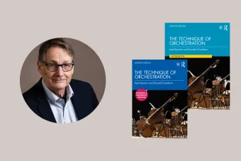 Portrait of Donald Grantham and image of The Technique of Orchestration
