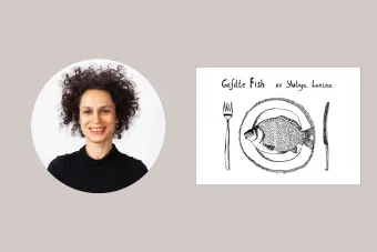 Portrait of Yuliya Lanina and image of Gefilte Fish