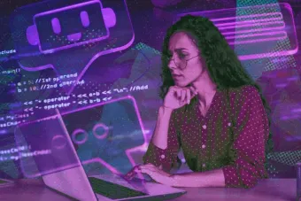 Illustration of a woman working on a laptop with glowing code, chatbot icons, and AI graphics layered in purple and pink hues.