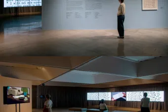 two images of people looking at an exhibition in a gallery