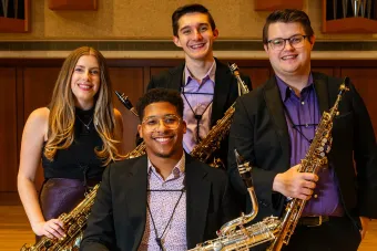 ZED, saxaphone quartet featuring Marina Sakellakis, Jacob Feldman, Connor O’Toole, and David Bennette posing for a picture