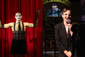 Two images from CABARET collaged together; one of the EmCee posing in front of a red curtain and the other of Sally Bowles singing into a microphone