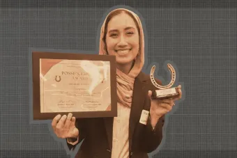 A smiling woman wearing a headscarf holds a framed certificate reading “Posey’s Choice Award” and a horseshoe-shaped trophy engraved with Texas Health Catalyst. The sepia-toned portrait sits against a subtle grid background, highlighting Compreva’s recognition and patient-centered innovation.