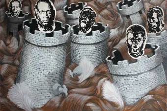 A painting by Michael Ray Charles depicting stylized Black-and-white portrait faces emerging from medieval castle towers, surrounded by swirling waves of auburn hair.