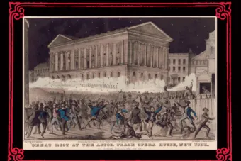 A drawing of Great Riot at the Astor Place Opera House, New York, on May 10, 1849.