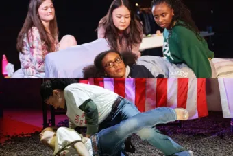 Two cast photographs of four girls sitting on a bed and two girls fighting in a dirt arena