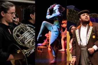 three images depicting music, dance and theatre