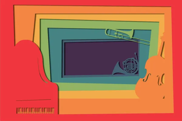 in image of a paper cuts of different images in a rainbow of colors