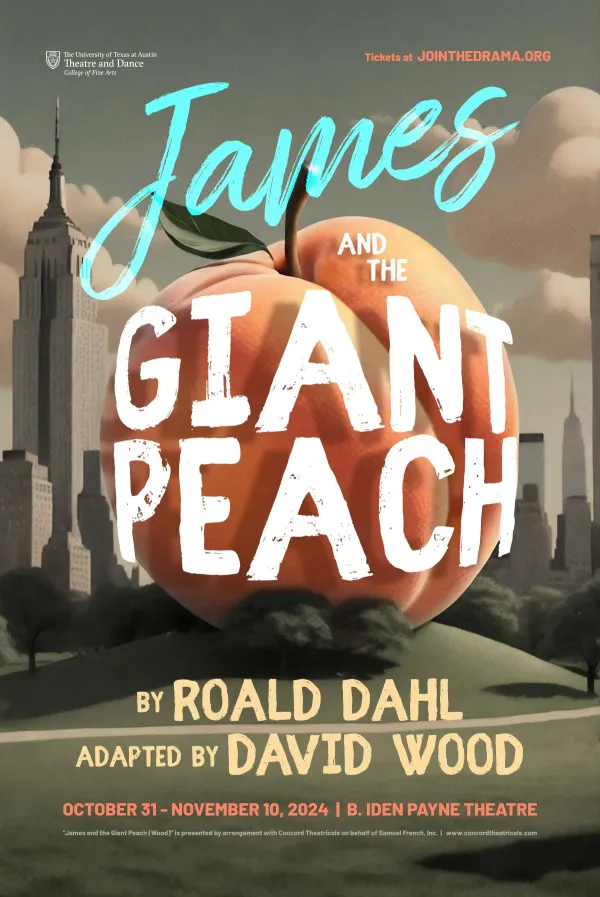 An illustrated graphic for JAMES AND THE GIANT PEACH, featuring a giant peach sitting on a hill in Central Park