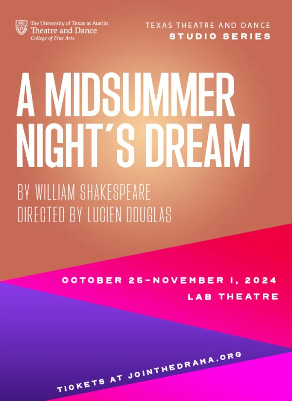 A graphic for the Studio Series production of A MIDSUMMER NIGHT'S DREAM, featuring an orange background with large purple and pink triangles