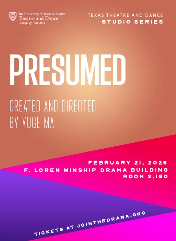 An orange, pink and purple graphic for PRESUMED, created and directed by Yuge Ma