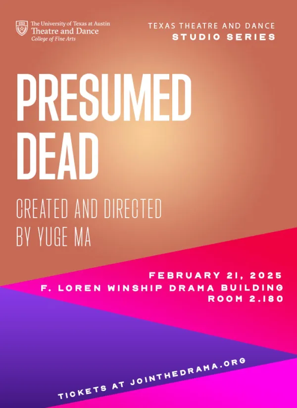 Orange, purple and pink graphic for PRESUMED DEAD, created and directed by Yuge Ma