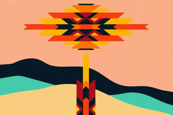 An abstract graphic display of an atomic bomb cloud in a desert using a New Mexican art style.
