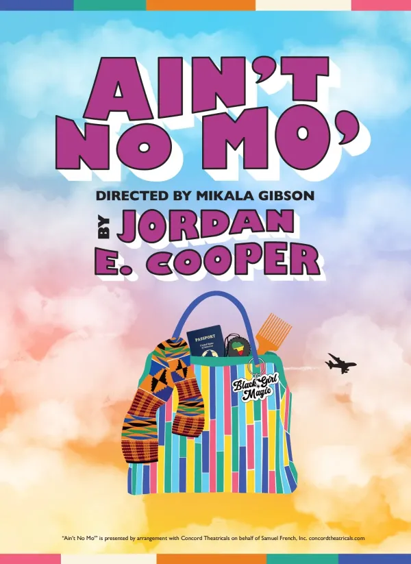 Graphic for AIN'T NO MO', featuring a colorful bag with items spilling out of it and an airplane flying through a sunset sky