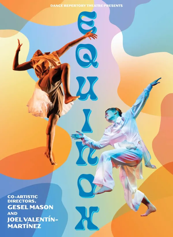 A colorful graphic for EQUINOX, featuring two dancers reaching out and up emphatically
