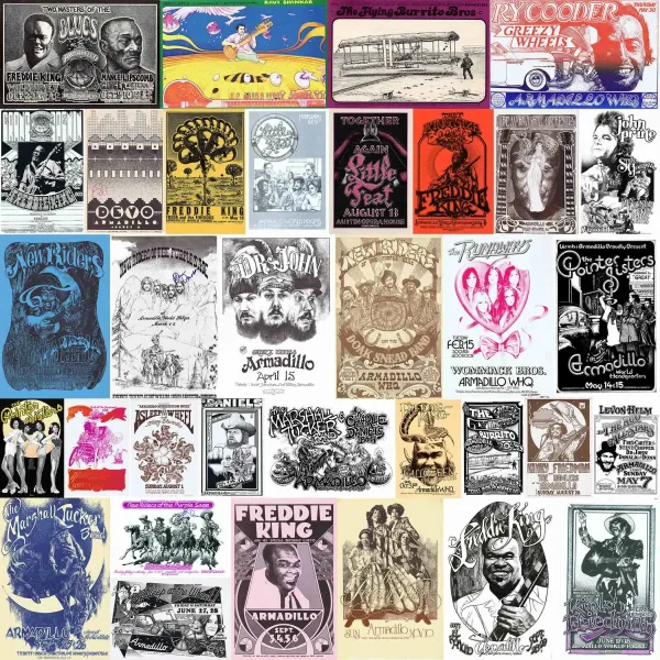 Collage of vintage concert posters from the Armadillo World Headquarters era in Austin, Texas. The posters feature hand-drawn illustrations and stylized typography advertising performances by musicians such as Freddie King, Dr. John, Devo, Ravi Shankar, Little Feat, the Flying Burrito Bros, the Pointer Sisters, and more. Designs vary in color and style, showcasing a psychedelic and Western aesthetic.