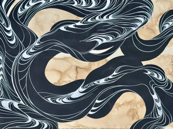 A drawing of black swirls with white highlights against a faded yellow paper backdrop.