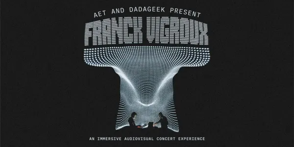 A projected performance of Franck Vigaroux promoting an upcoming immersive concert experience. Presented by AET and Dadageek.