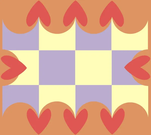 graphic with checkerboard pattern with scalloped border overlaid with abstract hearts
