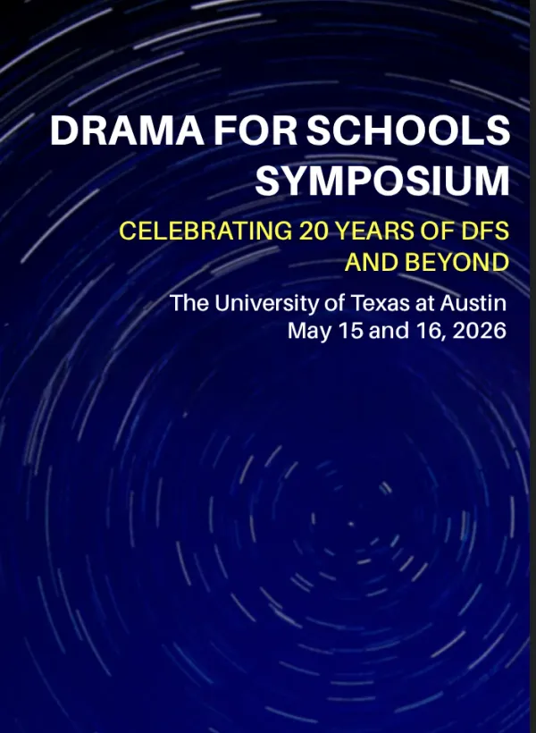 A dark blue graphic for the Drama for Schools Symposium