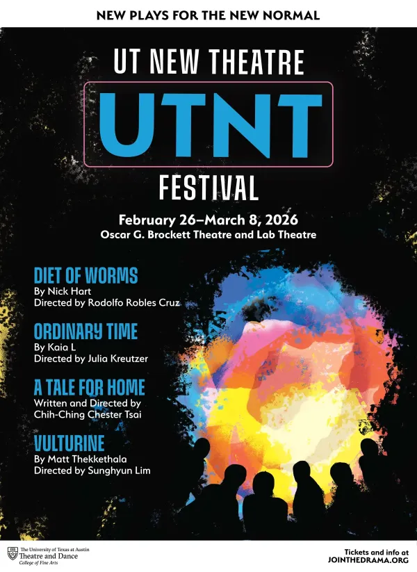 UTNT (UT New Theatre) graphic featuring a colorful, vortex-like visual element with human silhouettes in front of it