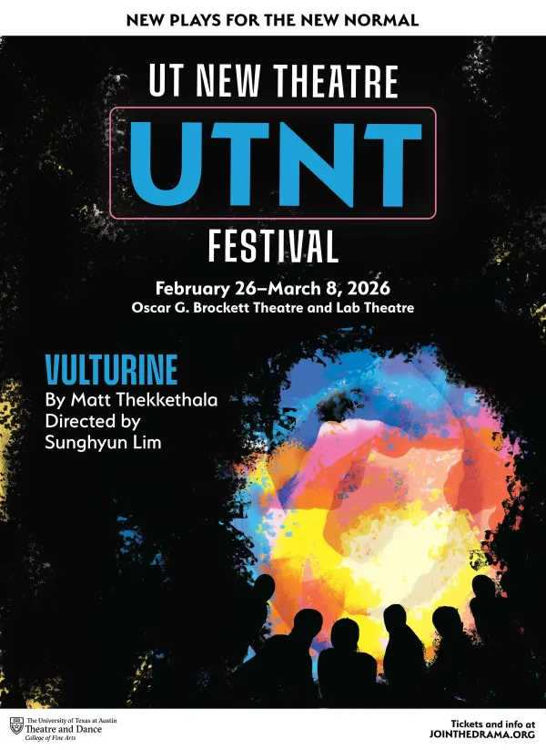UTNT (UT New Theatre) graphic with the title VULTURINE, featuring a colorful, vortex-like visual element with human silhouettes in front of it
