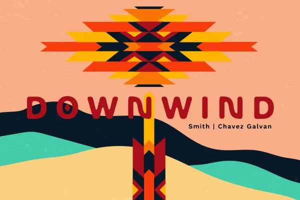 An abstract image of a nuclear mushroom cloud, comprised of traditional Apache geometric pattern set against a serene, southwest hills cape