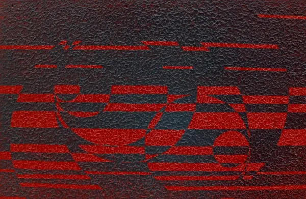 artwork that includes geometric pattern in black and red with a visibly textured surface